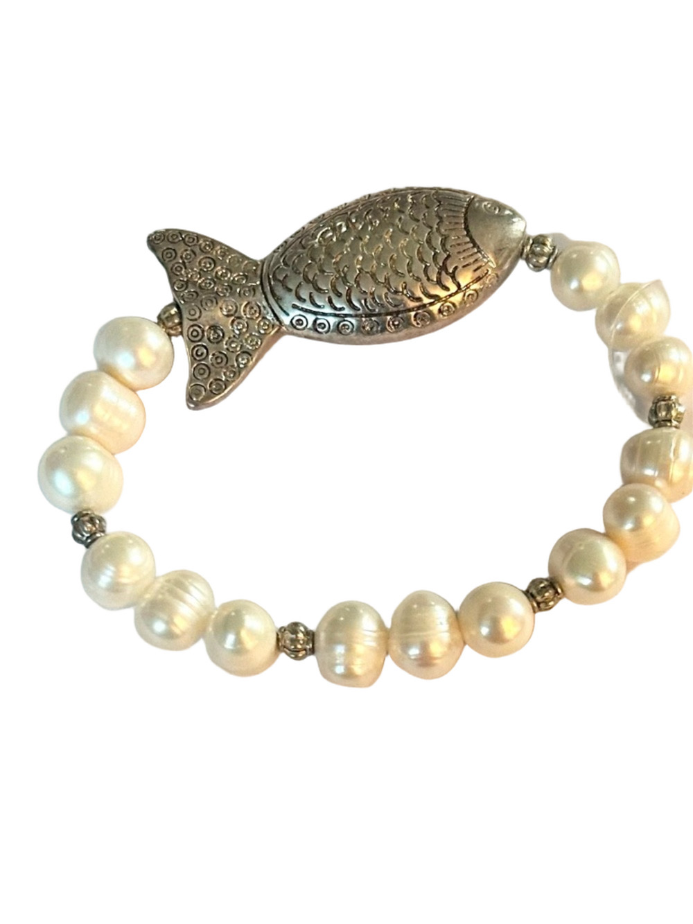 Studio G White Pearl Stretch Bracelet with Silver Fish Charm